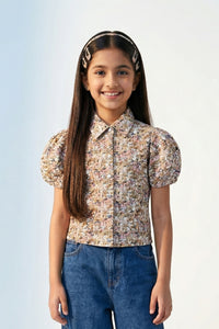 Beige Floral Printed Cotton Shirt Top TG6208
