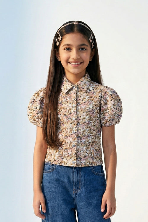 Beige Floral Printed Cotton Shirt Top TG6208