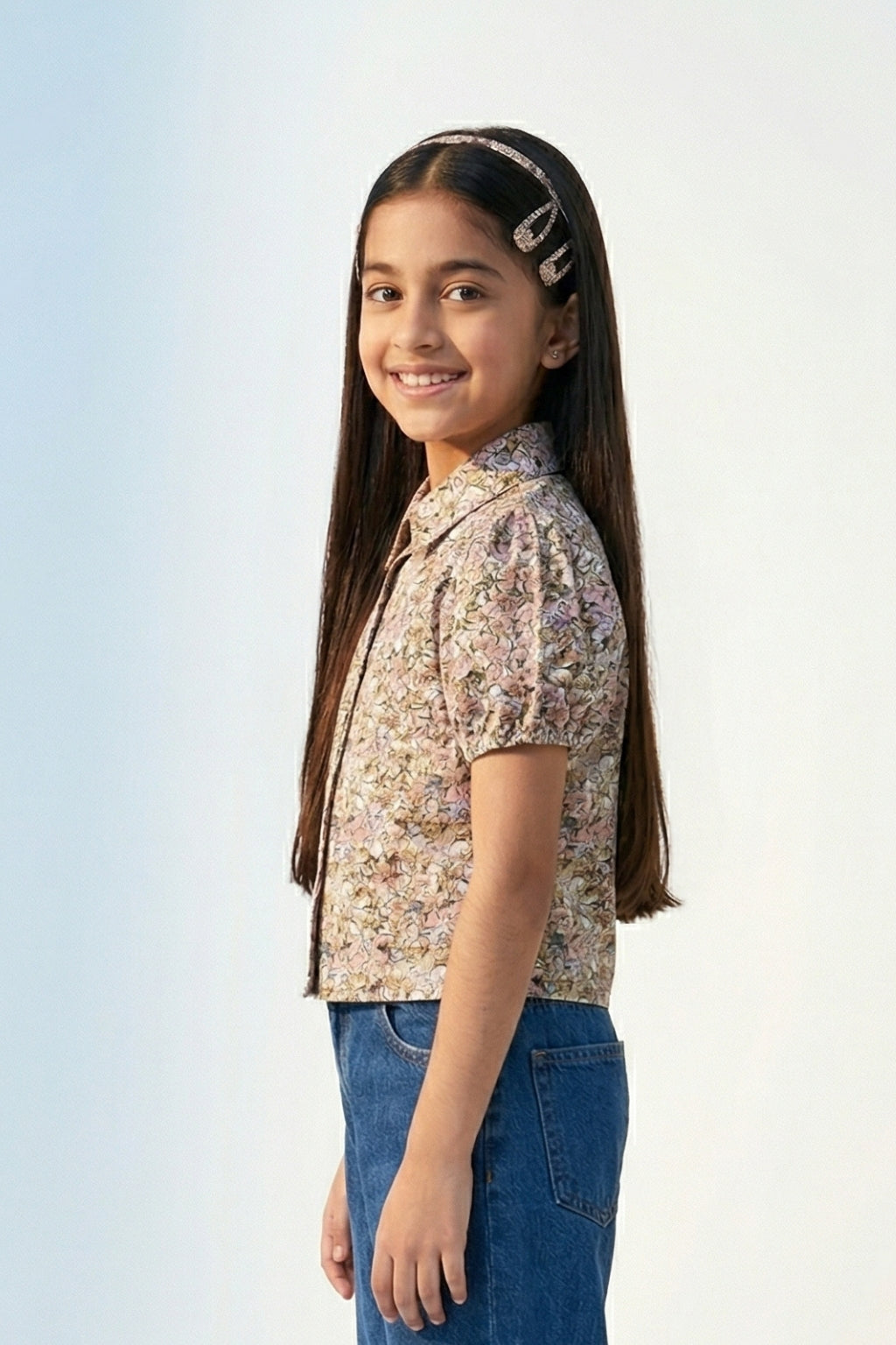 Beige Floral Printed Cotton Shirt Top TG6208