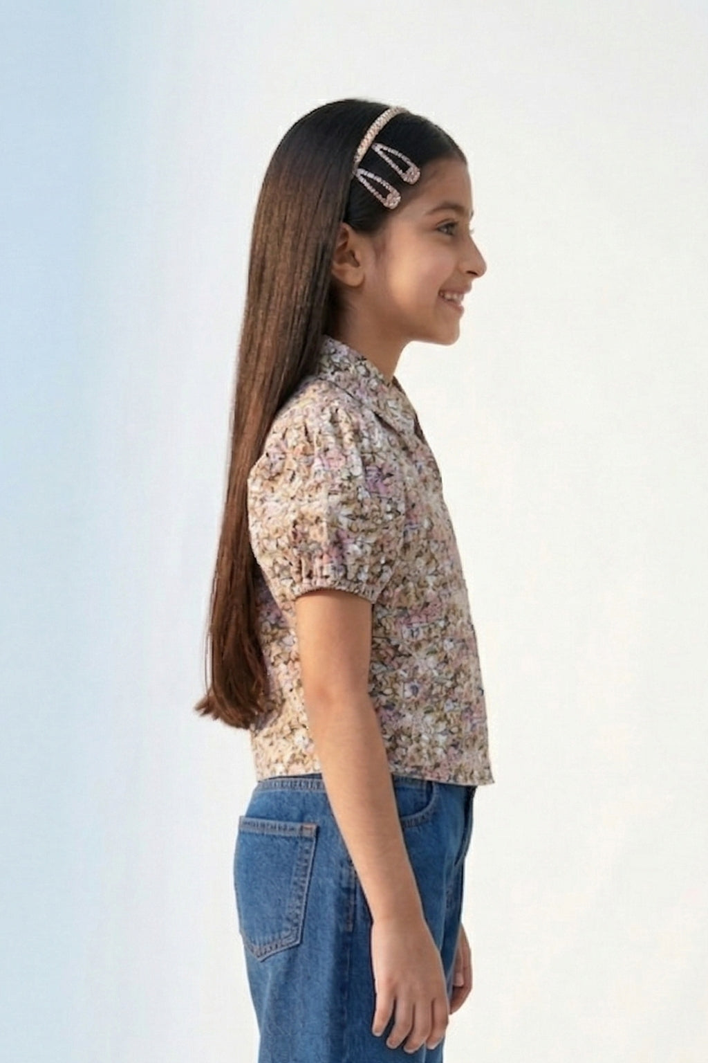 Beige Floral Printed Cotton Shirt Top TG6208