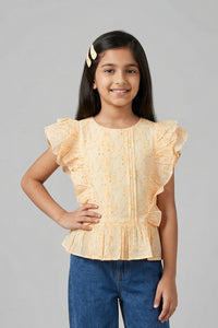 Peach Floral Print Ruffle Sleeve Top TG6217