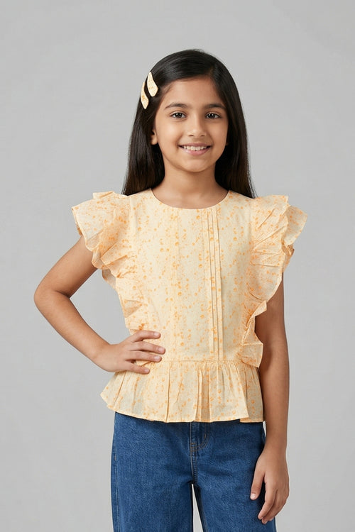 Peach Floral Print Ruffle Sleeve Top TG6217