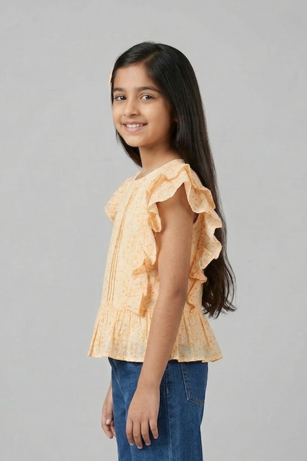 Peach Floral Print Ruffle Sleeve Top TG6217