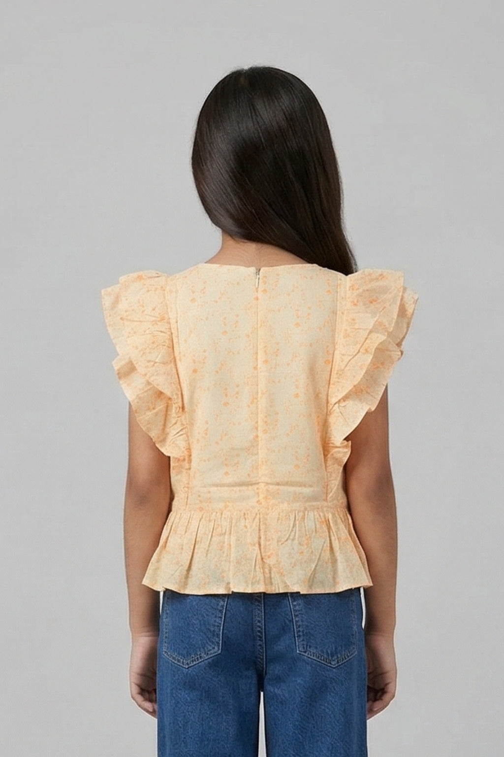 Peach Floral Print Ruffle Sleeve Top TG6217