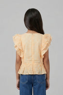 Peach Floral Print Ruffle Sleeve Top TG6217