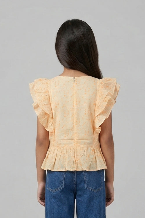 Peach Floral Print Ruffle Sleeve Top TG6217