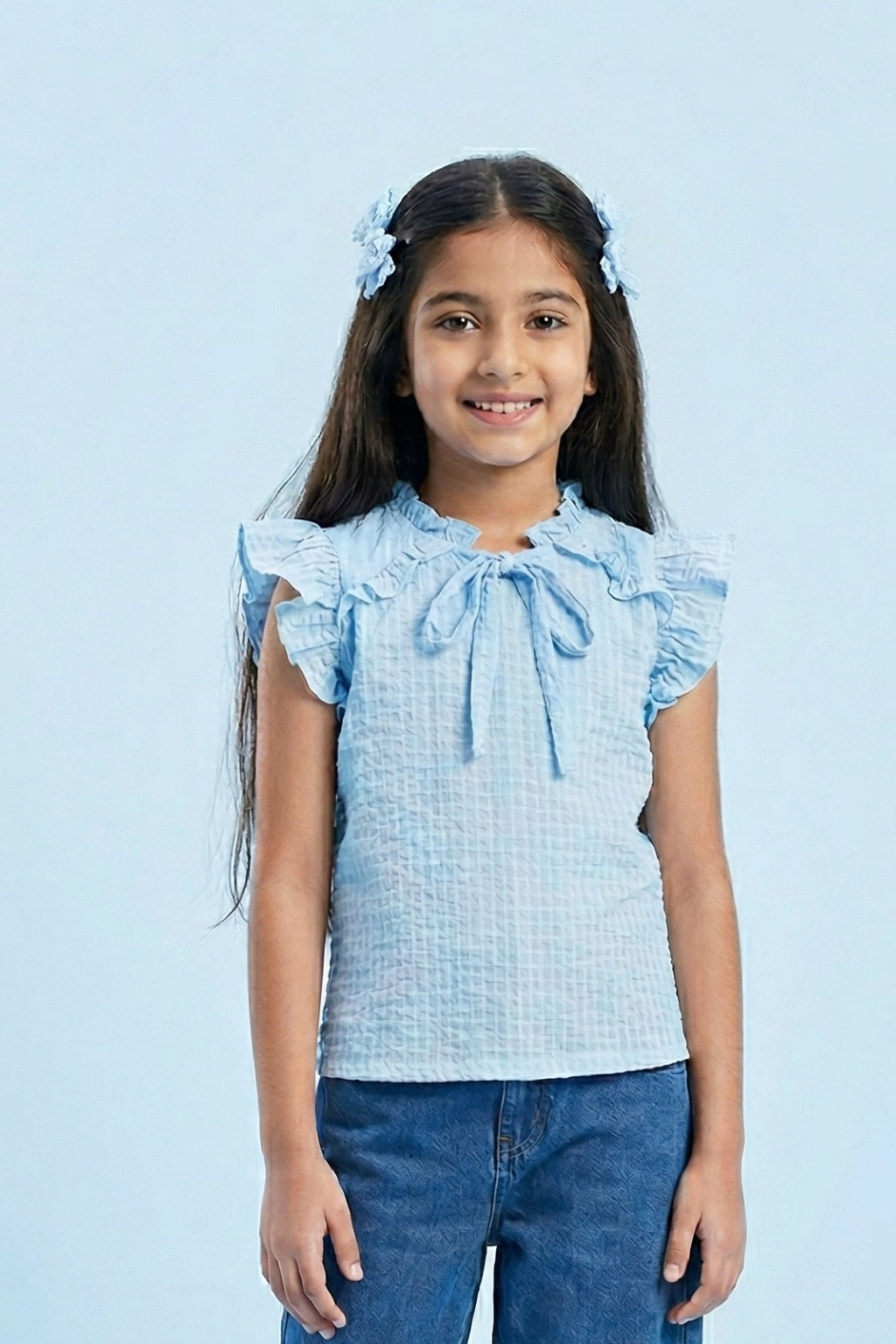 Blue Gingham Ruffle Sleeve Tie-Up Top TG6218
