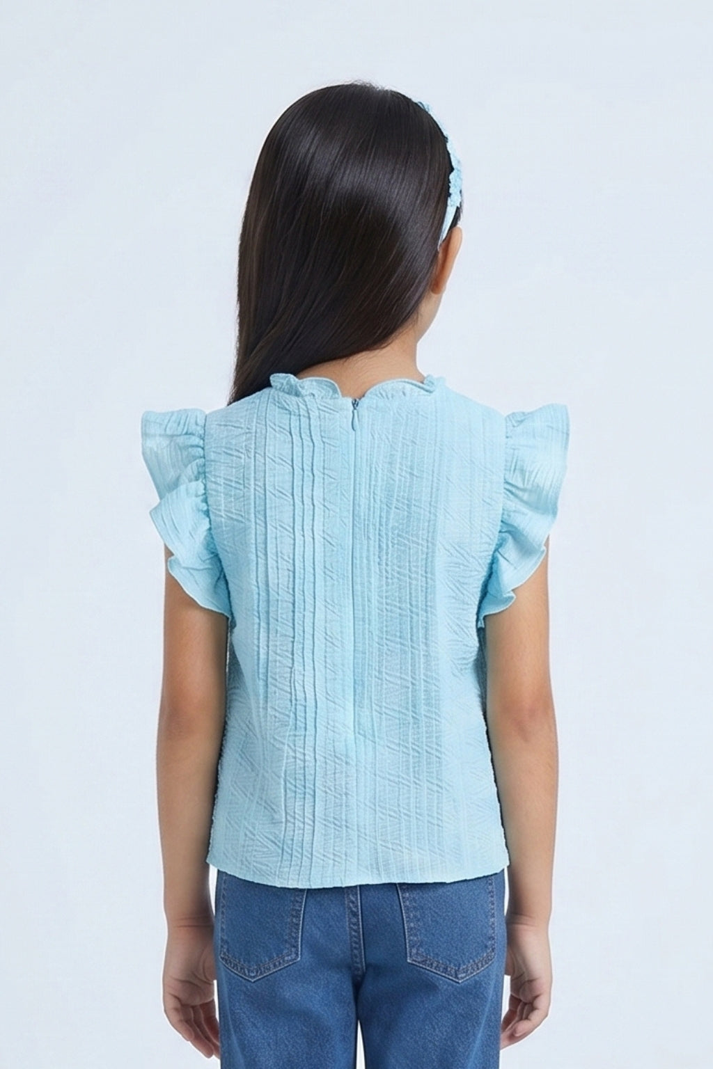 Blue Gingham Ruffle Sleeve Tie-Up Top TG6218
