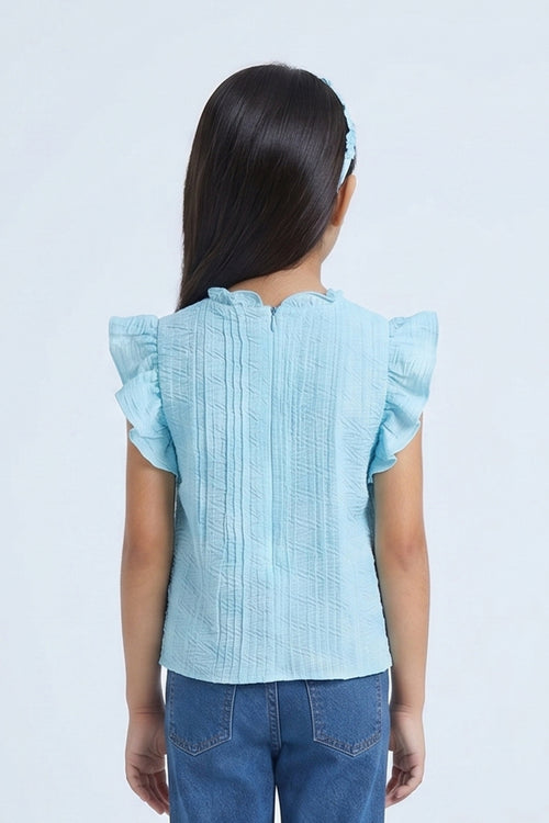 Blue Gingham Ruffle Sleeve Tie-Up Top TG6218
