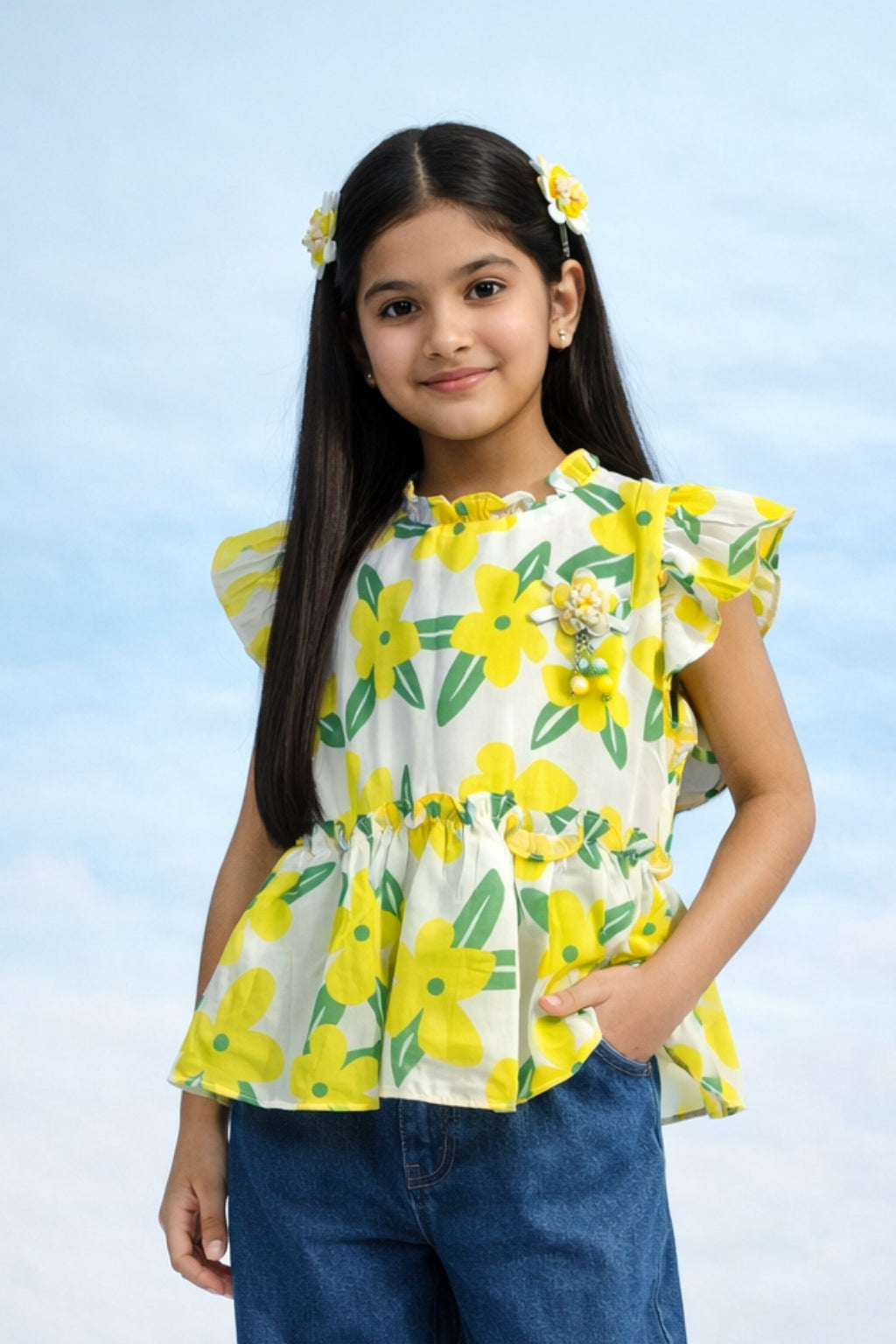 Yellow Floral Print Ruffle Sleeve Peplum Top TG6225
