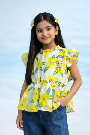 Yellow Floral Print Ruffle Sleeve Peplum Top TG6225