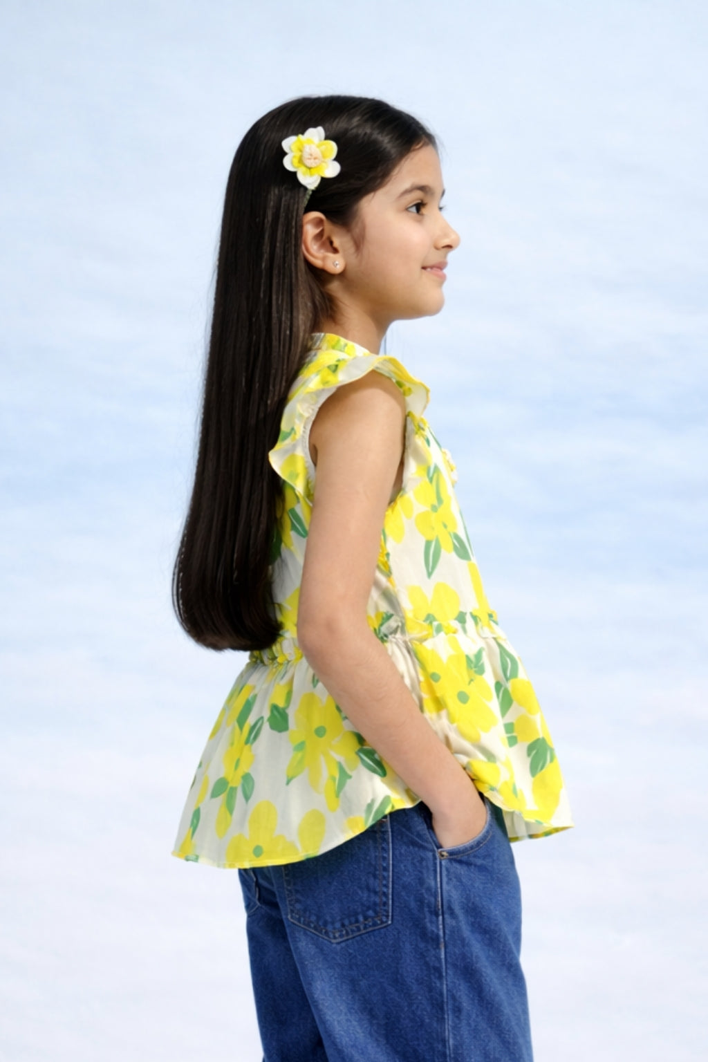 Yellow Floral Print Ruffle Sleeve Peplum Top TG6225