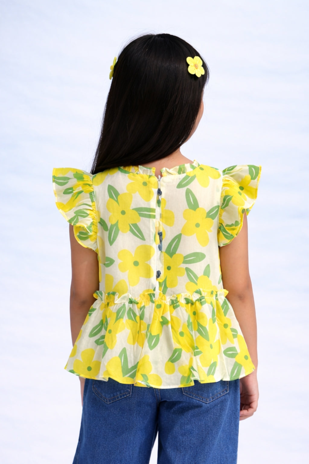 Yellow Floral Print Ruffle Sleeve Peplum Top TG6225