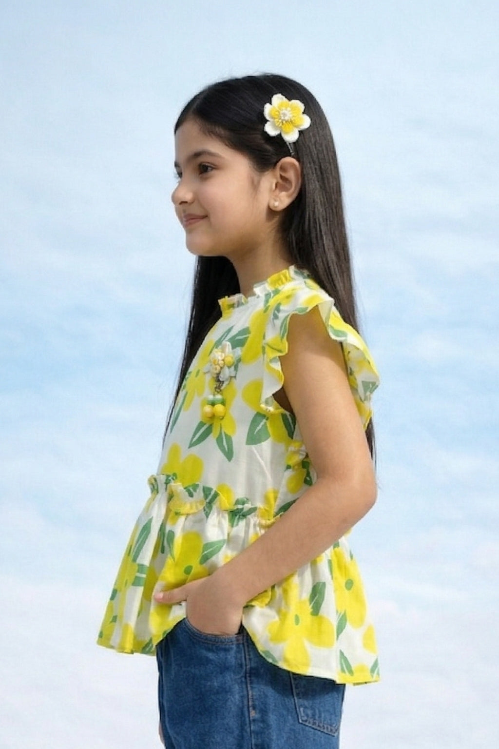Yellow Floral Print Ruffle Sleeve Peplum Top TG6225