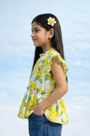 Yellow Floral Print Ruffle Sleeve Peplum Top TG6225