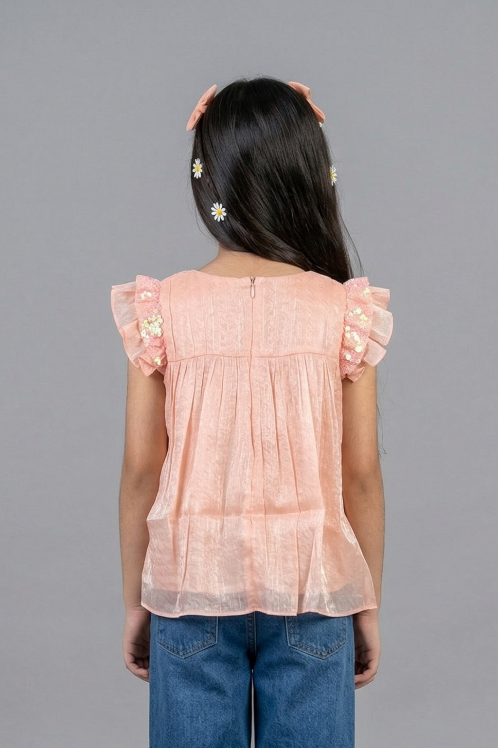 Peach Embroidered Girls Top with Ruffle Sleeves TG6226