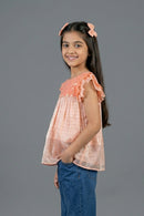 Peach Embroidered Girls Top with Ruffle Sleeves TG6226