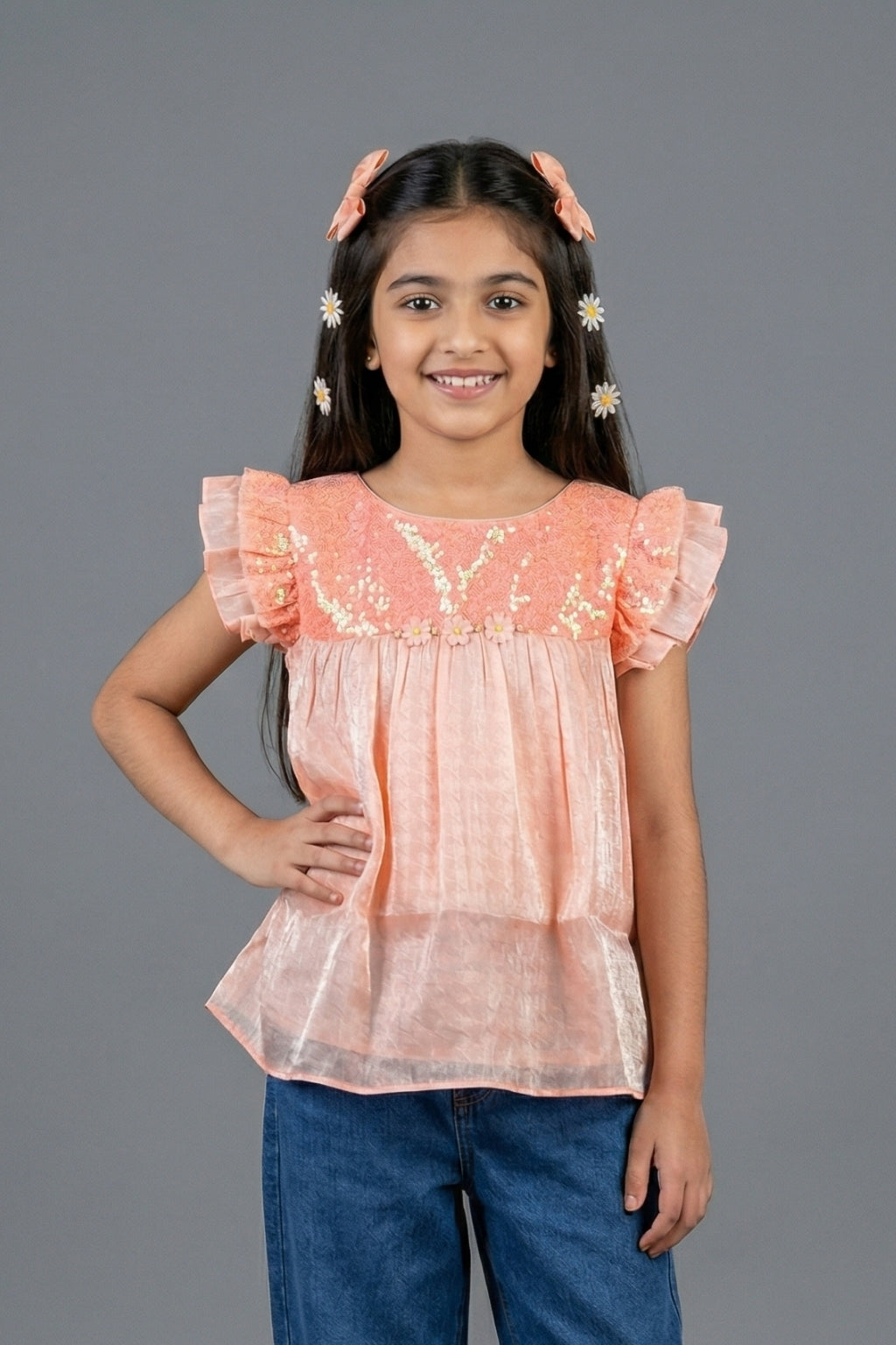 Peach Embroidered Girls Top with Ruffle Sleeves TG6226