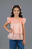 Peach Embroidered Girls Top with Ruffle Sleeves TG6226
