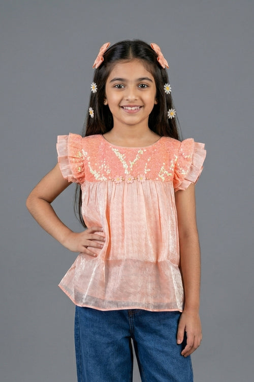 Peach Embroidered Girls Top with Ruffle Sleeves TG6226