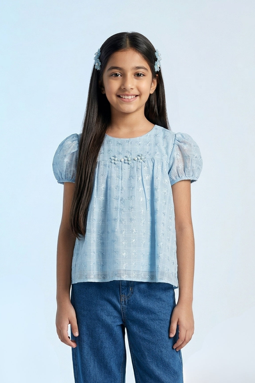 Blue Embroidered Top with Puff Sleeves TG6231