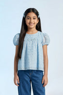 Blue Embroidered Top with Puff Sleeves TG6231