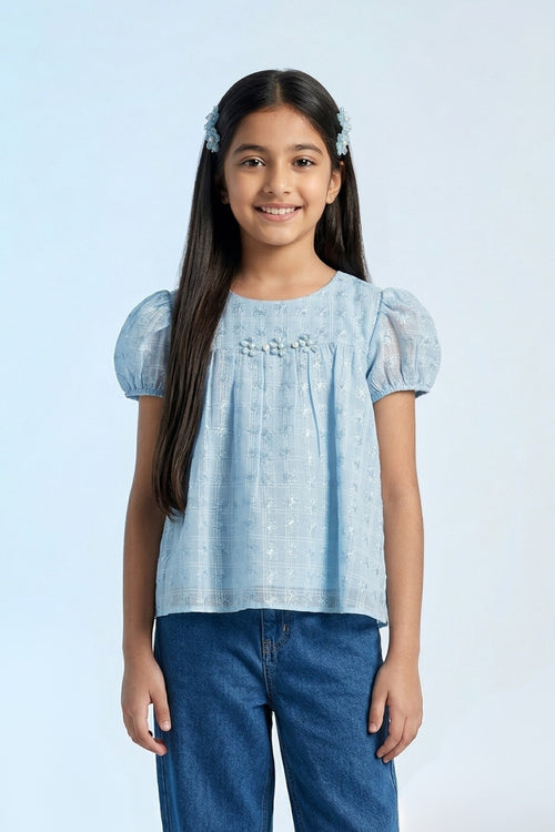 Blue Embroidered Top with Puff Sleeves TG6231