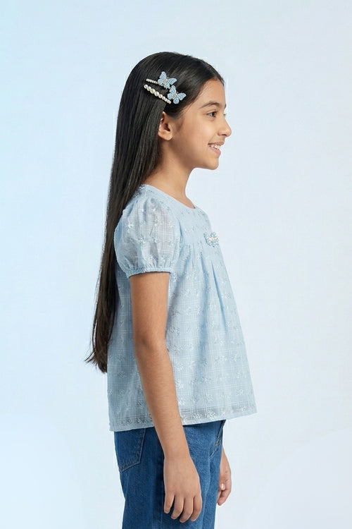Blue Embroidered Top with Puff Sleeves TG6231
