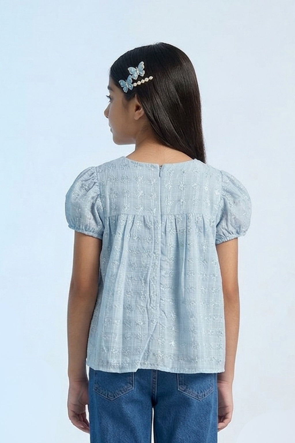 Blue Embroidered Top with Puff Sleeves TG6231