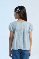 Blue Embroidered Top with Puff Sleeves TG6231