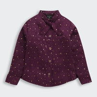 Wine Foil Print Shirt with Bow Collar