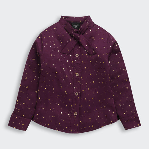 Wine Foil Print Shirt with Bow Collar TG6246
