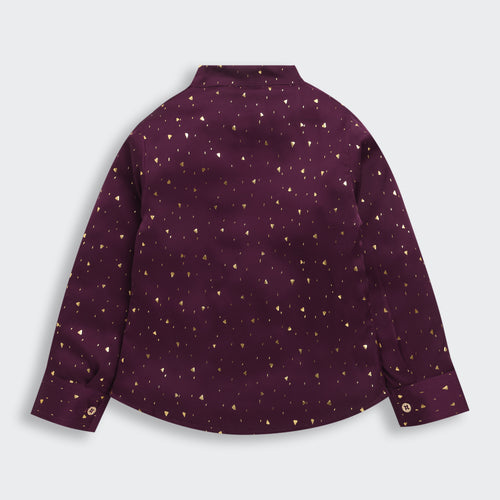 Wine Foil Print Shirt with Bow Collar TG6246
