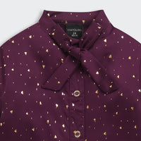 Wine Foil Print Shirt with Bow Collar