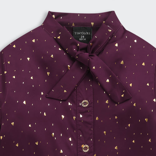 Wine Foil Print Shirt with Bow Collar TG6246