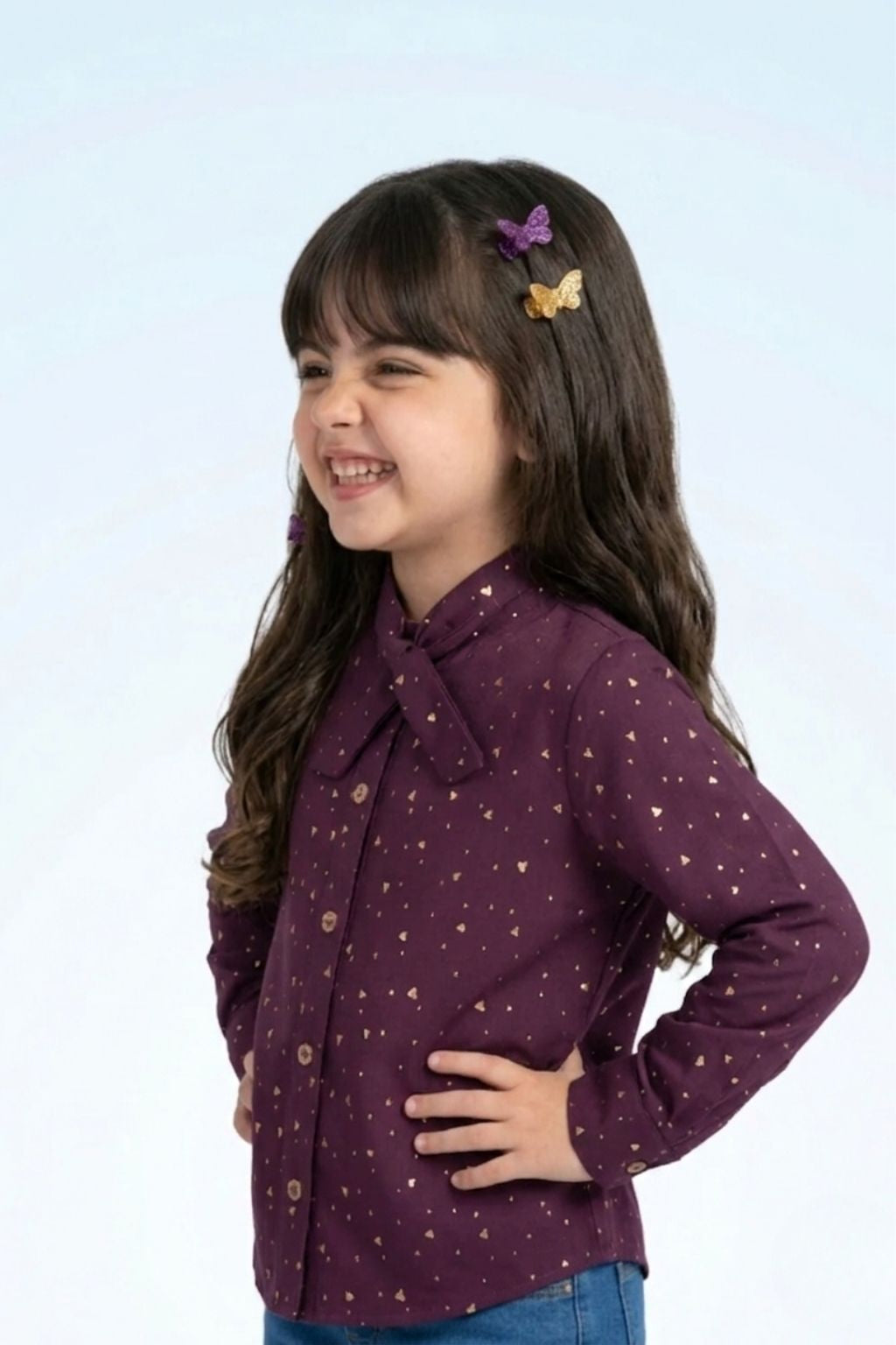 Wine Foil Print Shirt with Bow Collar TG6246