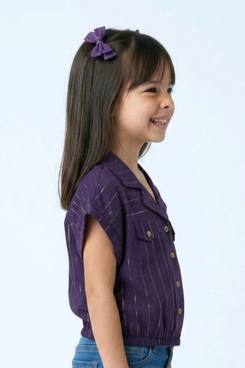 Purple Sleeveless Embellished Crop Shirt TG6248