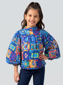 Royal Blue Multicolour Printed Balloon Sleeve Top TG6253