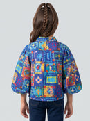Royal Blue Multicolour Printed Balloon Sleeve Top TG6253