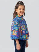 Royal Blue Multicolour Printed Balloon Sleeve Top TG6253