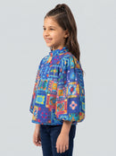Royal Blue Multicolour Printed Balloon Sleeve Top TG6253