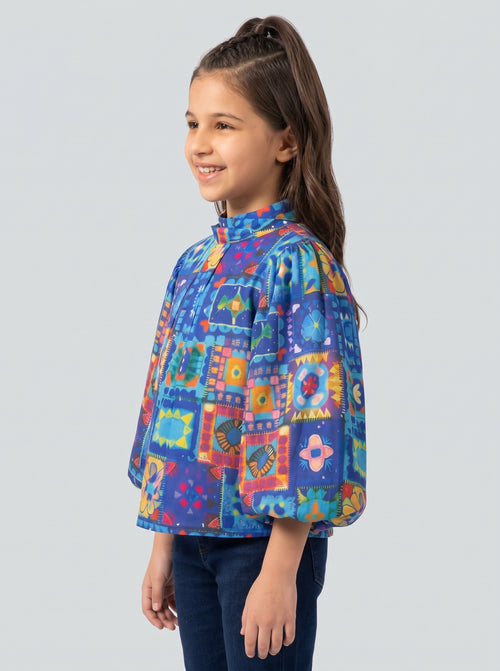 Royal Blue Multicolour Printed Balloon Sleeve Top TG6253