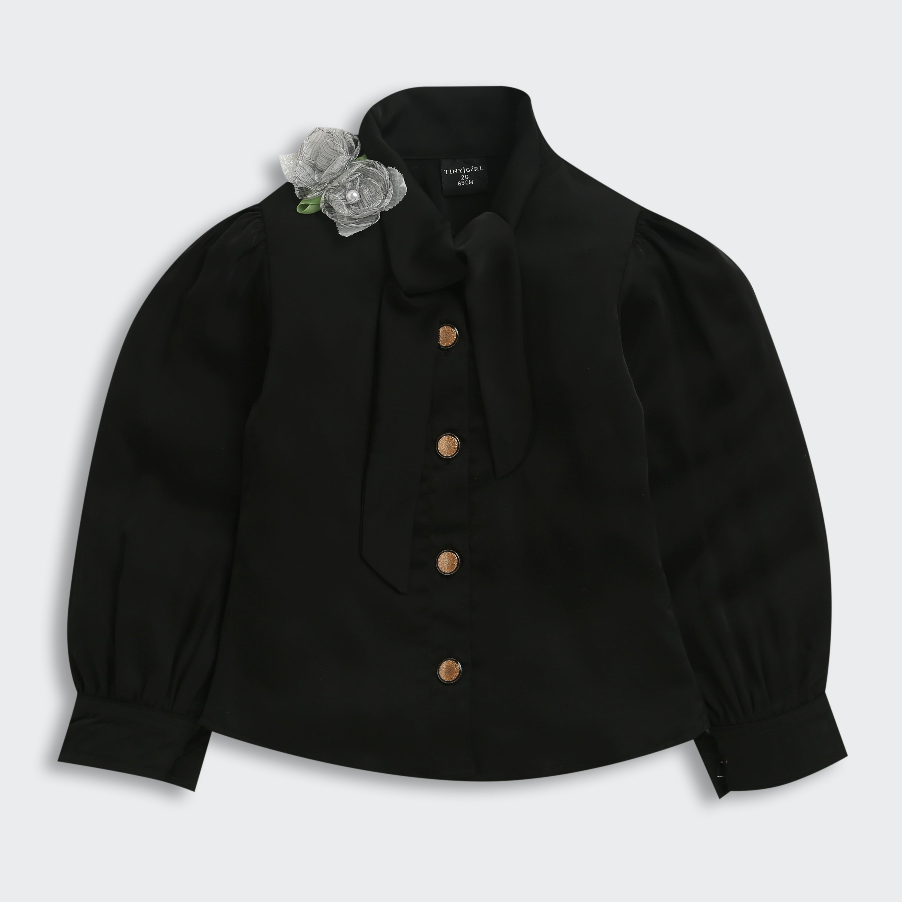 Black Bow Tie Party Shirt with Floral Brooch TG6271