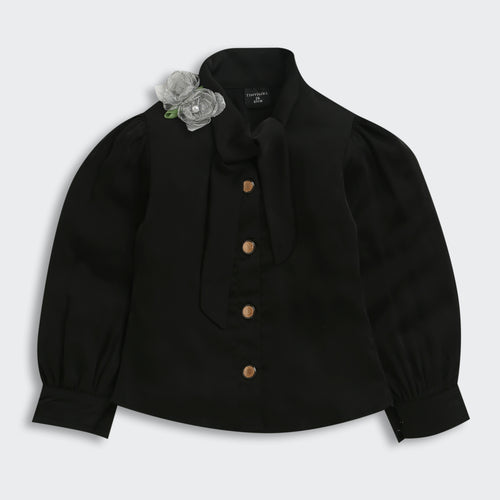 Black Bow Tie Party Shirt with Floral Brooch TG6271