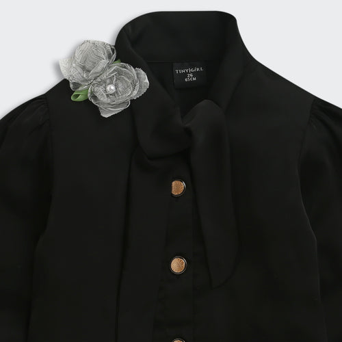 Black Bow Tie Party Shirt with Floral Brooch TG6271