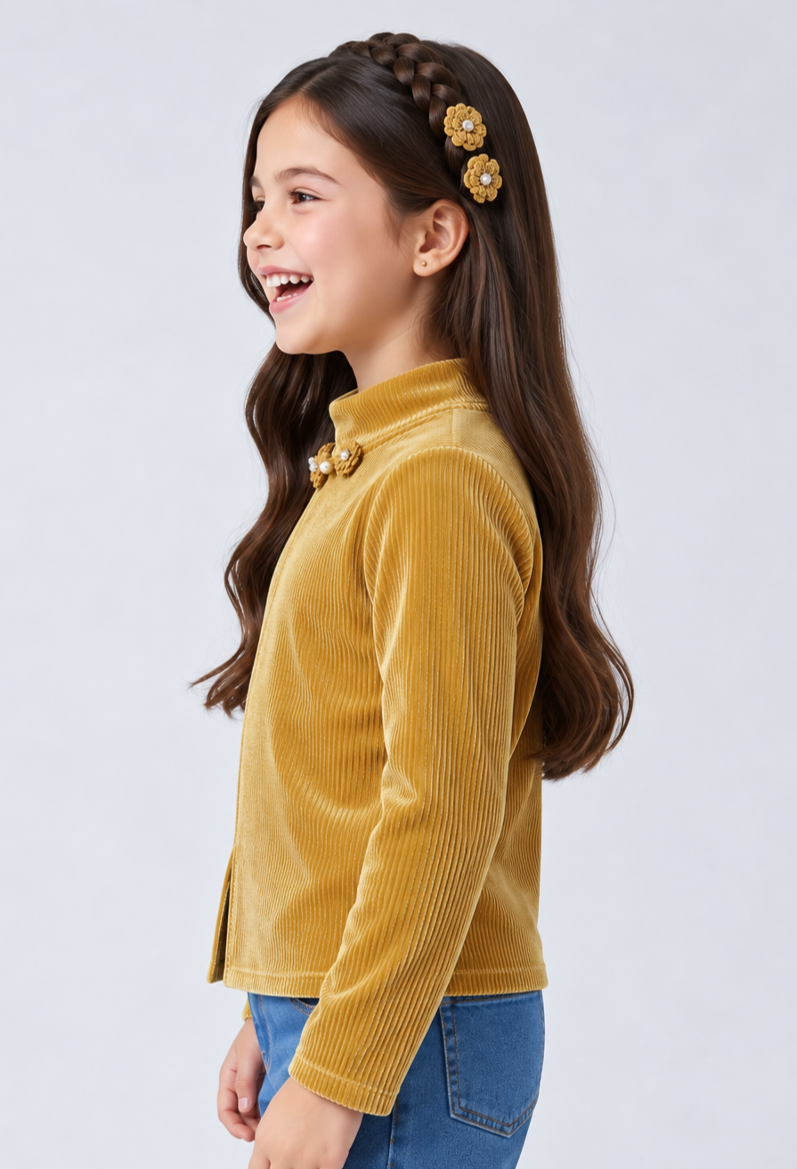 Mustard Ribbed Velvet Floral High Neck Top TG6280