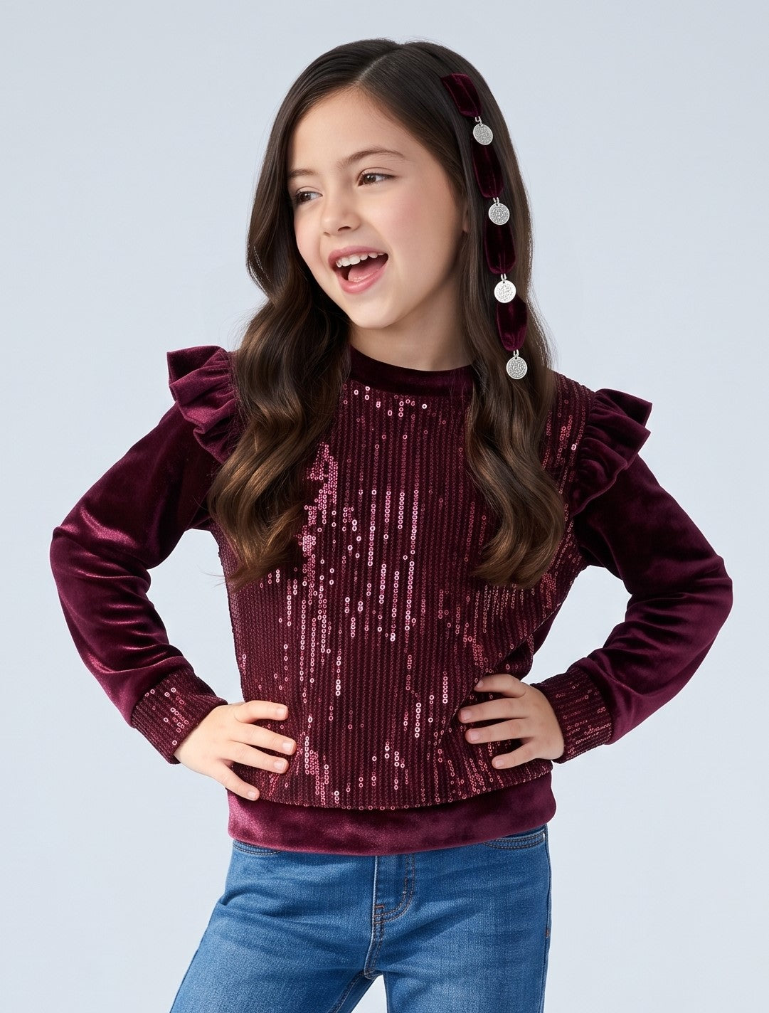 Maroon Velvet Sequin Ruffle Sweatshirt TG6281