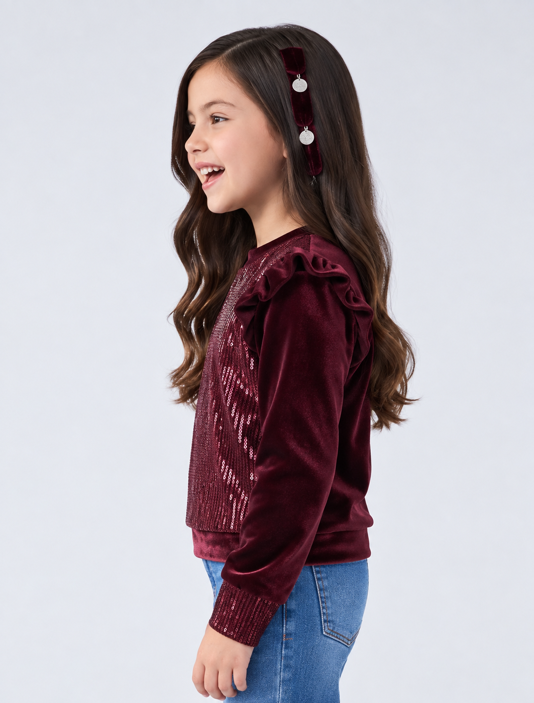 Maroon Velvet Sequin Ruffle Sweatshirt TG6281