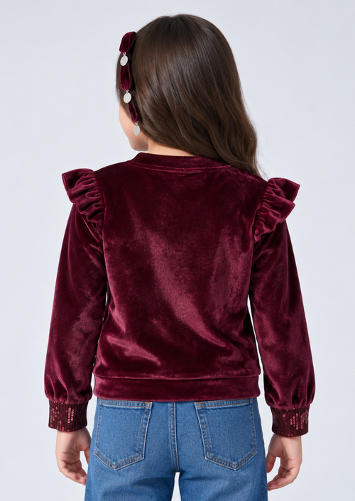 Maroon Velvet Sequin Ruffle Sweatshirt TG6281