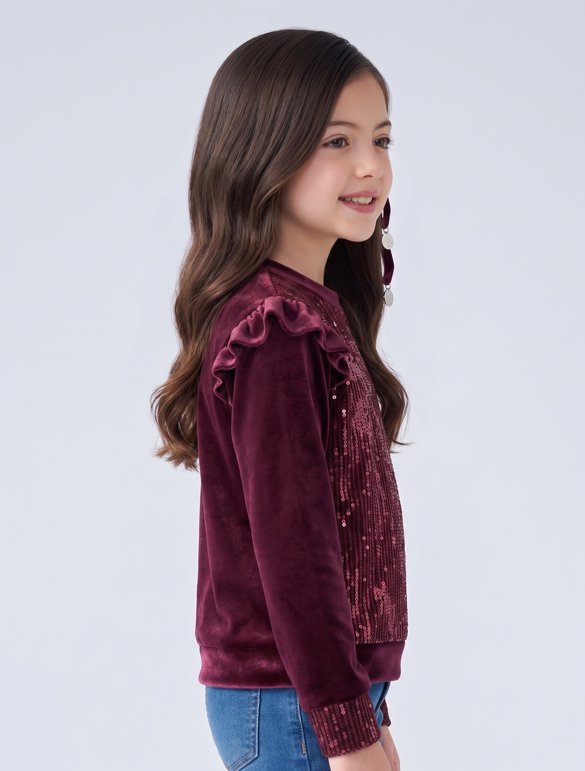 Maroon Velvet Sequin Ruffle Sweatshirt TG6281